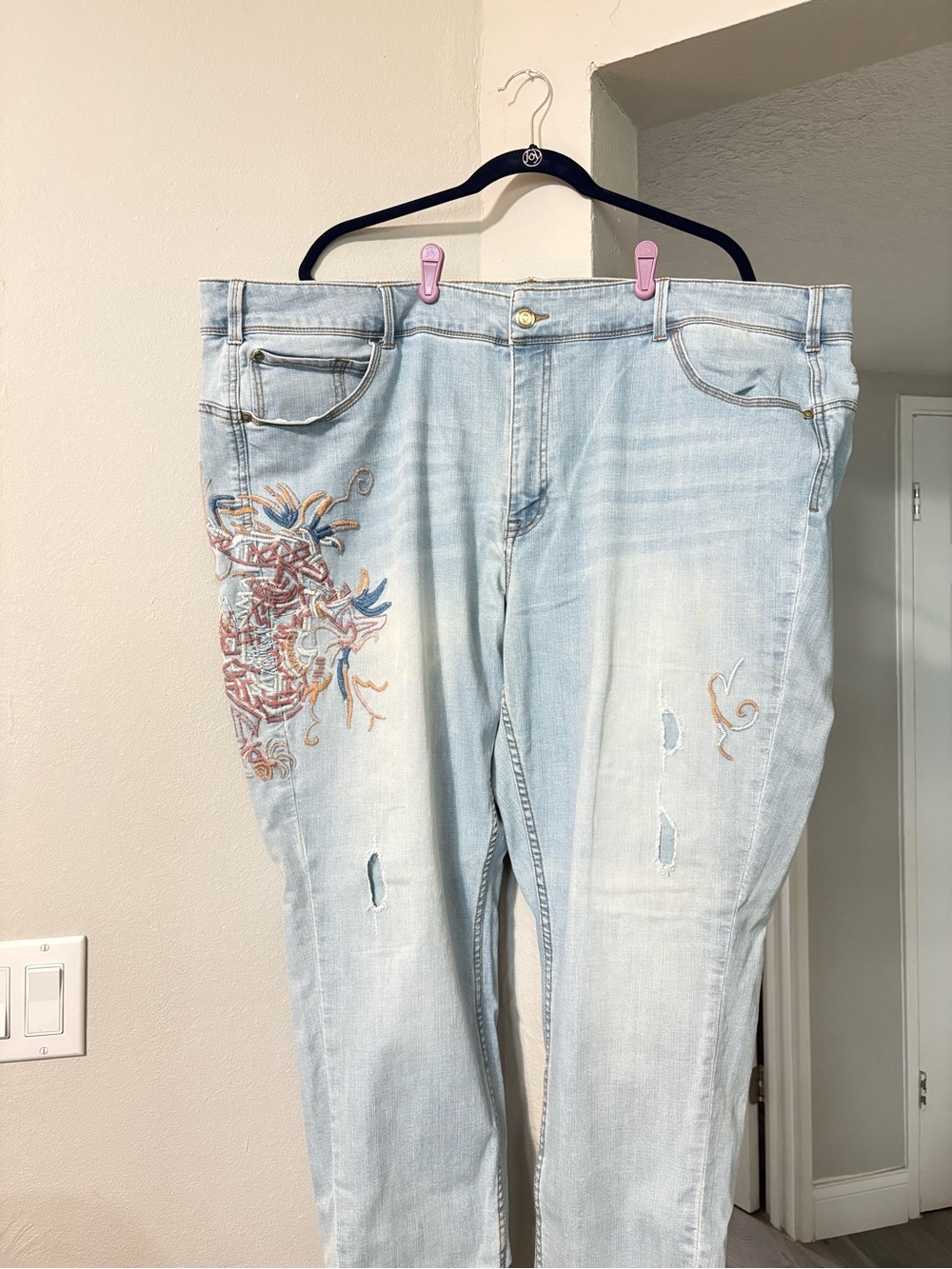 Denim 24/7 Plus Size Light Blue Embroidered Boyfriend Jeans